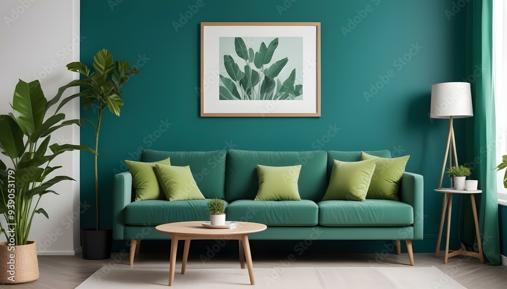 Interior mockup In a white room a blue sofa is placed next to a photo frame on the wall Interior mockup In a white room a blue sofa is placed next to a photo frame on the wall