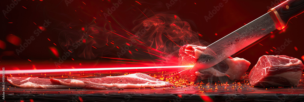 Naklejka premium A butcher's knife, slicing through meat with the help of a red laser guide.