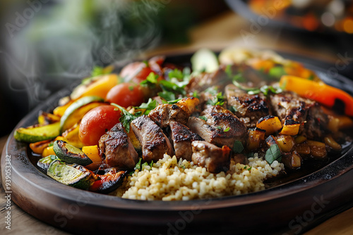 delicious meat and grilled vegetable dinner meal, well spiced close focus