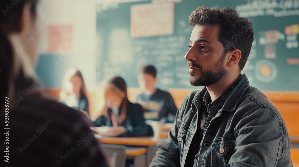 Close-up of a teacher in a classroom, sharing knowledge with passion. Close-up of a teacher in a classroom, sharing knowledge with passion.