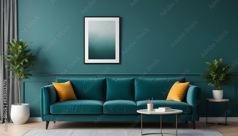 Interior mockup In a white room a blue sofa is placed next to a photo frame on the wall Interior mockup In a white room a blue sofa is placed next to a photo frame on the wall