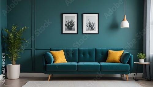 Interior mockup In a white room a blue sofa is placed next to a photo frame on the wall