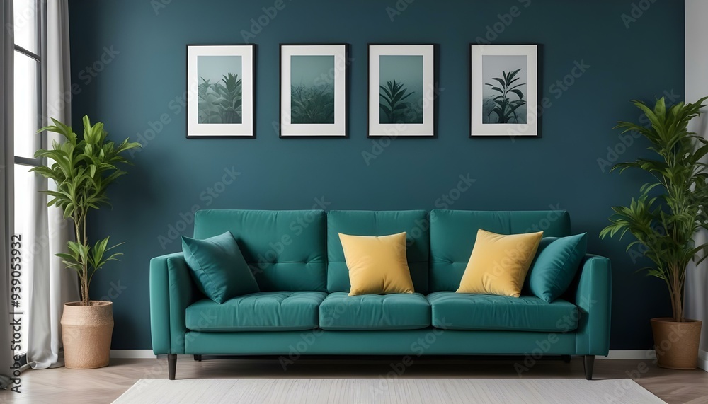 Interior mockup In a white room a blue sofa is placed next to a photo frame on the wall Interior mockup In a white room a blue sofa is placed next to a photo frame on the wall
