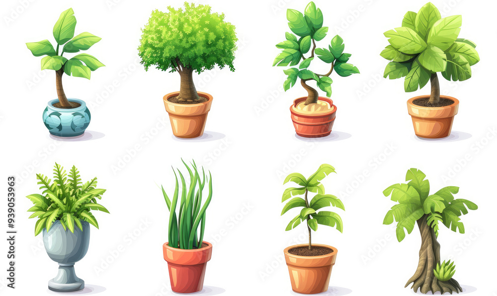 Plant shoot, potted houseplant, tree, grass, 3d cartoon icon set white background Plant shoot, potted houseplant, tree, grass, 3d cartoon icon set white background