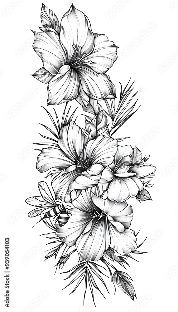 Tribal Flowers and bees Tattoo black and white illustration Tribal Flowers and bees Tattoo black and white illustration