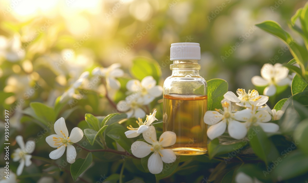 Glass bottle with essential oil among the jasmin blossoms Glass bottle with essential oil among the jasmin blossoms
