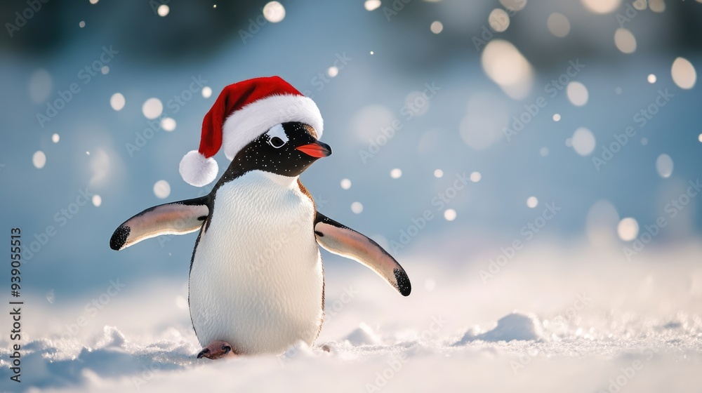Penguin in Santa Hat in a Snowy Landscape Penguin in Santa Hat in a Snowy Landscape
