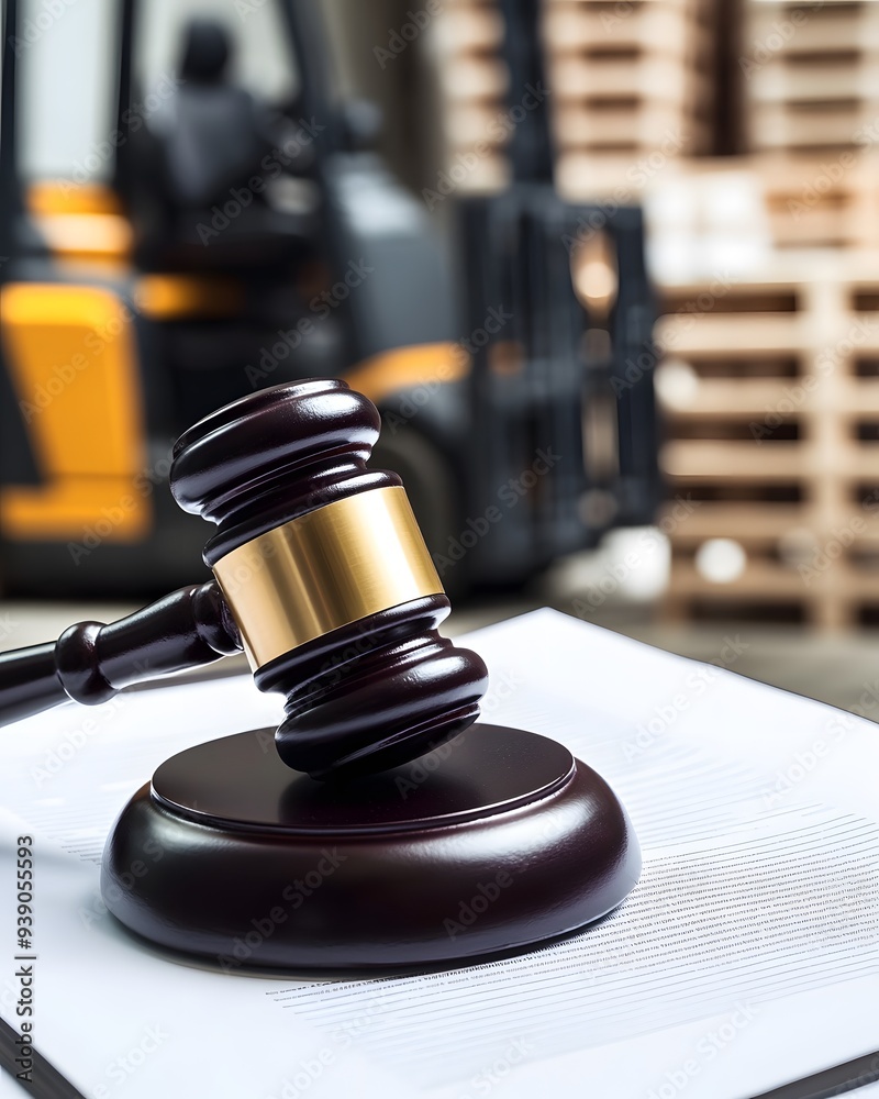 A gavel and document papers with a forklift in the background A gavel and document papers with a forklift in the background