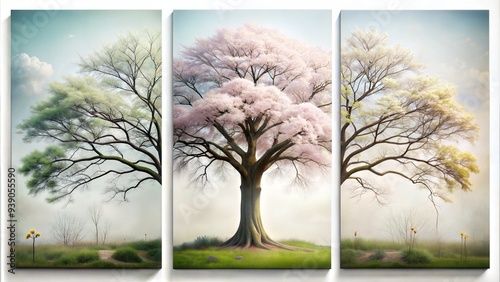 set of three vertical poster, minimalist large  tree  wall art decor clean background 