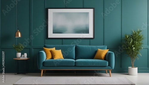 Interior mockup In a white room a blue sofa is placed next to a photo frame on the wall