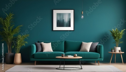 Interior mockup In a white room a blue sofa is placed next to a photo frame on the wall