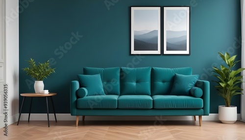 Interior mockup In a white room a blue sofa is placed next to a photo frame on the wall