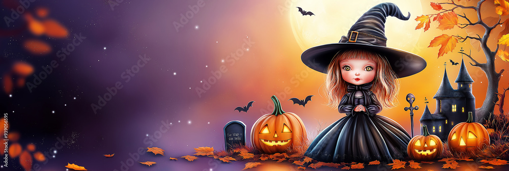 Banner of Halloween Festival : Cute witch ,witch hat,witch's wand,witch castle, orange moon ,maple leaf ,spider web , grave with copy space on gradient pink and purple background. Banner of Halloween Festival : Cute witch ,witch hat,witch's wand,witch castle, orange moon ,maple leaf ,spider web , grave with copy space on gradient pink and purple background.