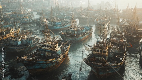 large amount of fishing boats are stranded in the harbour. Generative ai