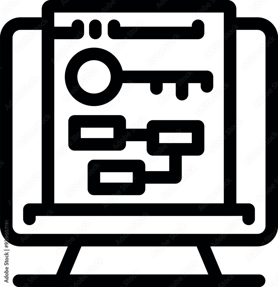 Computer is showing keyword research with a key icon on a whiteboard Computer is showing keyword research with a key icon on a whiteboard