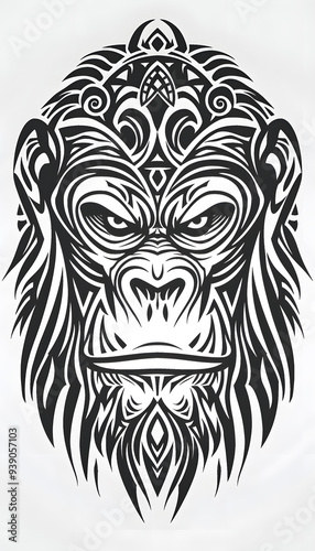 Tribal Gorilla Tattoo black and white illustration