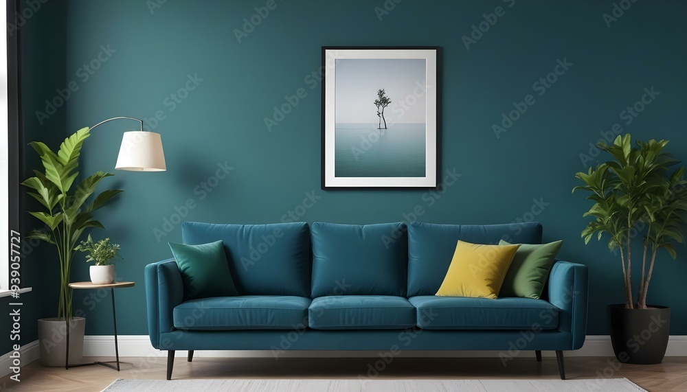 Interior mockup In a white room a blue sofa is placed next to a photo frame on the wall Interior mockup In a white room a blue sofa is placed next to a photo frame on the wall