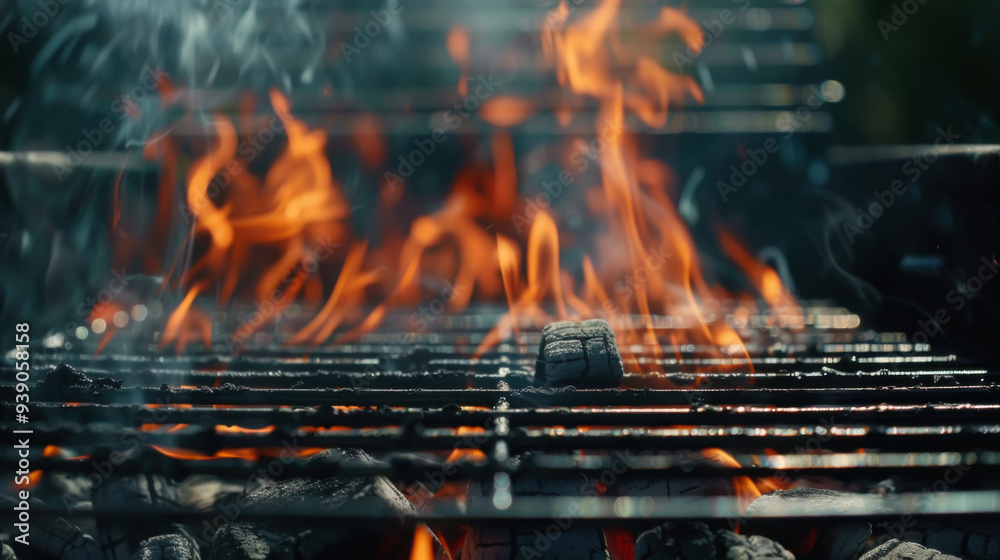 Flames dance above a charcoal grill during a summer barbecue Flames dance above a charcoal grill during a summer barbecue