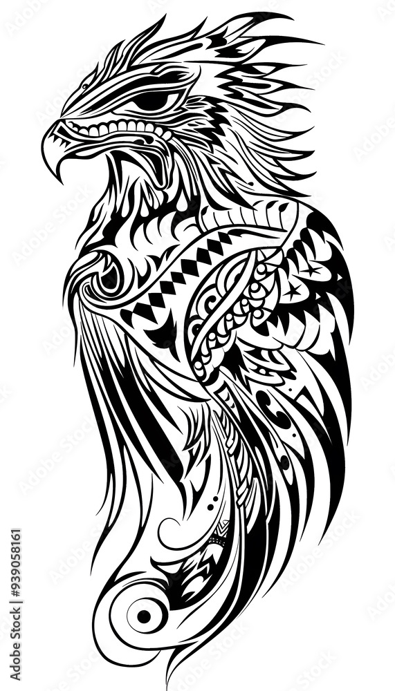 Tribal Hawk Tattoo black and white illustration Tribal Hawk Tattoo black and white illustration