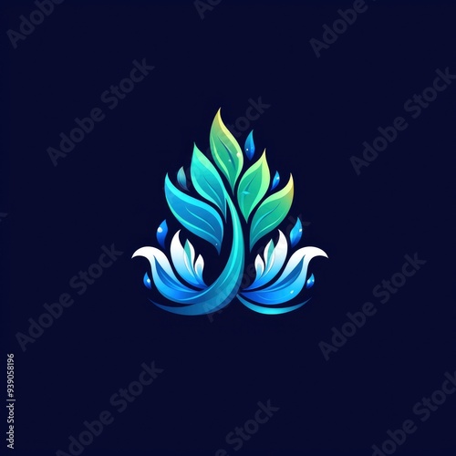 Abstract Floral Design with Green and Blue Leaves