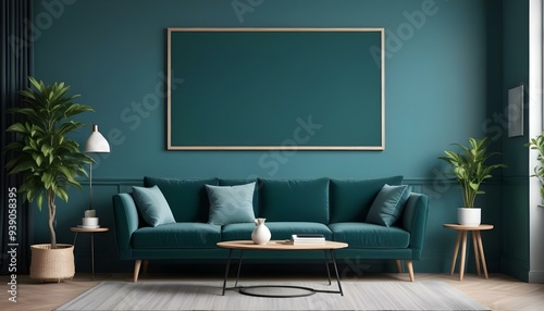 Interior mockup In a white room a blue sofa is placed next to a photo frame on the wall