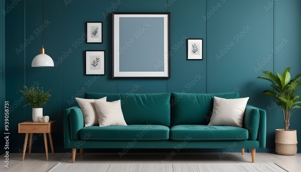 Interior mockup In a white room a blue sofa is placed next to a photo frame on the wall Interior mockup In a white room a blue sofa is placed next to a photo frame on the wall