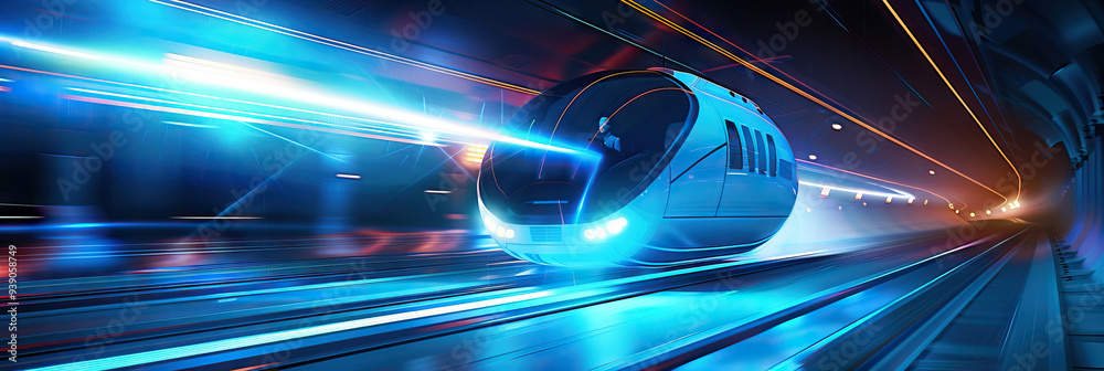 A futuristic transportation pod levitates using a powerful blue laser beam. A futuristic transportation pod levitates using a powerful blue laser beam.