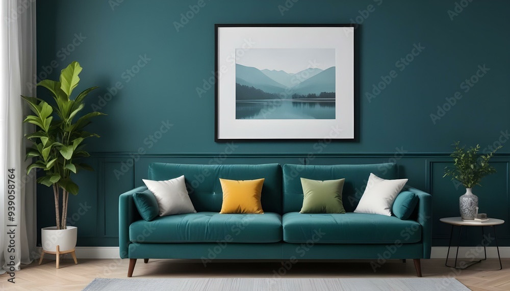 Interior mockup In a white room a blue sofa is placed next to a photo frame on the wall Interior mockup In a white room a blue sofa is placed next to a photo frame on the wall