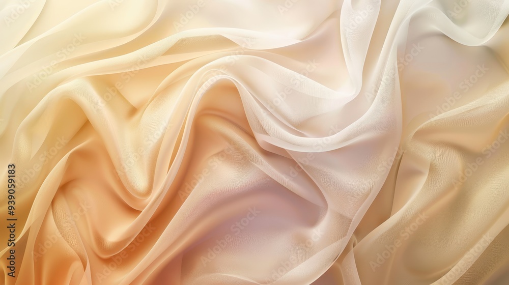 Fototapeta premium Close-up of a draped fabric with a smooth texture and a gradient of beige to pale pink. The fabric appears to be a type of sheer or chiffon, with a soft, flowing quality