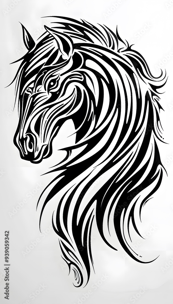 Tribal Horse Tattoo black and white illustration