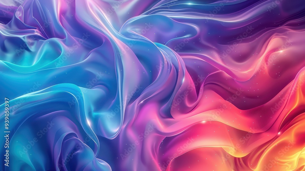 Obraz premium Digital abstract of flowing, multicolored fabric-like patterns, with a spectrum of colors from blue to pink to orange