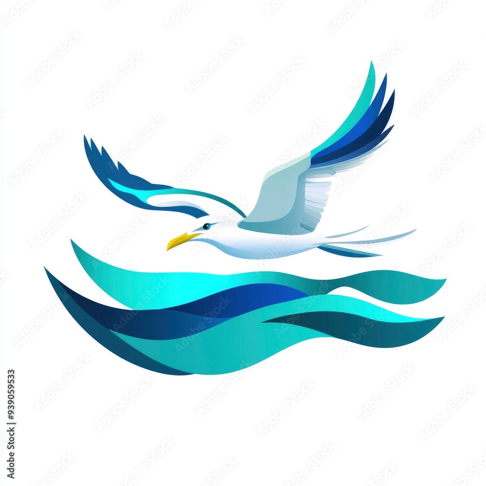 Seagull Flying Over Blue Waves Seagull Flying Over Blue Waves