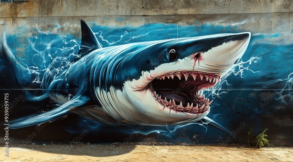 Fototapeta premium Mur avec graffiti représentant un grand requin blanc coloré, illusion d'optique, street art.