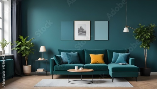 Interior mockup In a white room a blue sofa is placed next to a photo frame on the wall