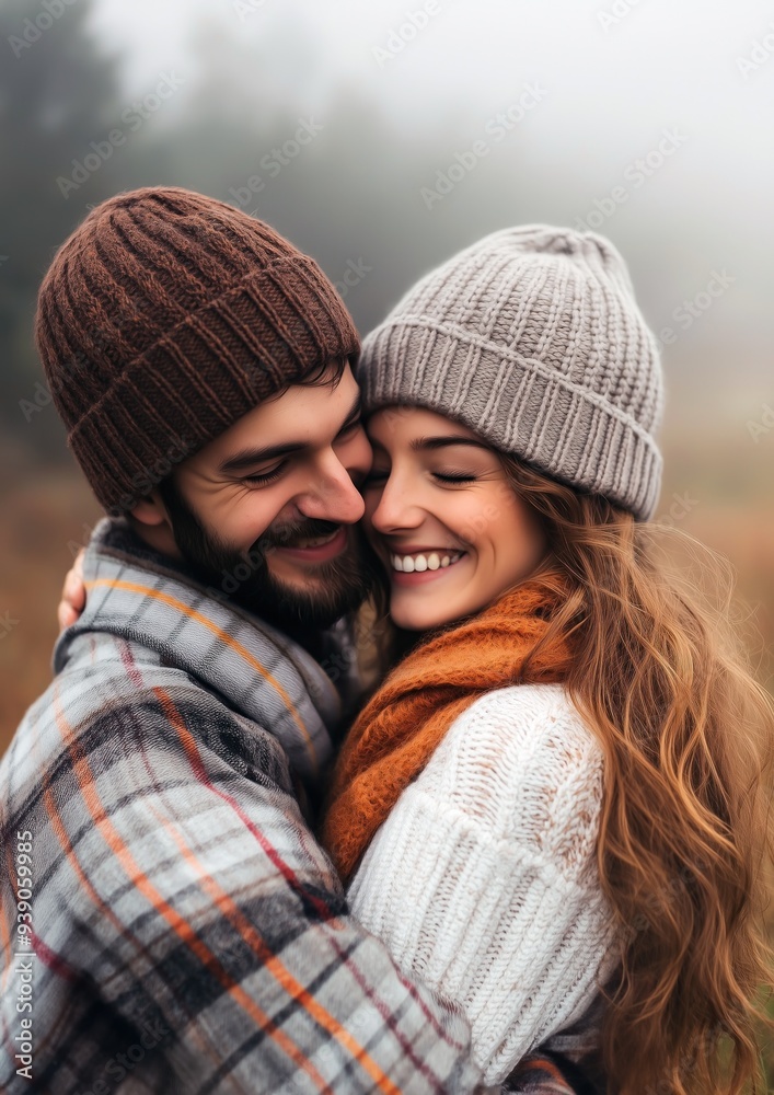 Portrait d'un jeune couple dans le froid de l'automne, homme et femme souriant, amoureux et heureux portant tenue chaude avec bonnet. Portrait d'un jeune couple dans le froid de l'automne, homme et femme souriant, amoureux et heureux portant tenue chaude avec bonnet.