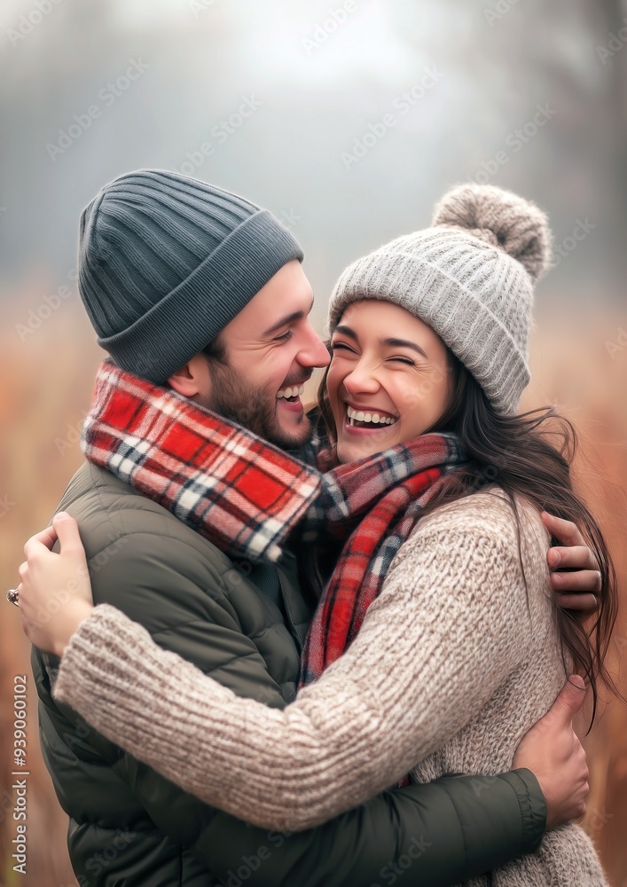 Un couple amoureux et souriant âgé de 25 ans se serrant dans les bras dans un champ d'automne, portant bonnet et écharpe. Un couple amoureux et souriant âgé de 25 ans se serrant dans les bras dans un champ d'automne, portant bonnet et écharpe.