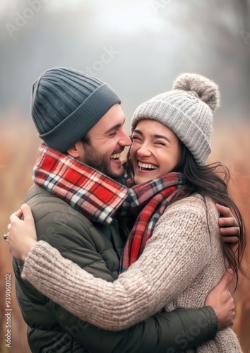 Un couple amoureux et souriant âgé de 25 ans se serrant dans les bras dans un champ d'automne, portant bonnet et écharpe. photo