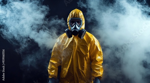 Homme en combinaison jaune de protection pour des matières toxiques portant un masque à gaz sur fond sombre avec de la fumée. photo