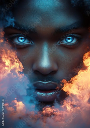 Gros plan du visage d'un homme noir aux yeux bleus perçants, entouré par des flammes, sentiment de mysticisme et d'harmonie entre l'humanité et la nature. photo