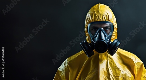 Un homme en combinaison jaune portant un masque à gaz sur un fond isolé noir, image avec espace pour texte. photo