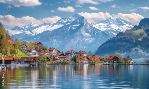 Watercolor village Weggis, lake Lucerne , Pilatus mountain and Swiss Alps in the background near famous Lucerne city, Switzerland
