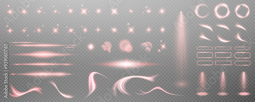 Set of realistic vector red stars png. Set of vector suns png. Red flares with highlights. Horizontal light lines, laser, flash.	
