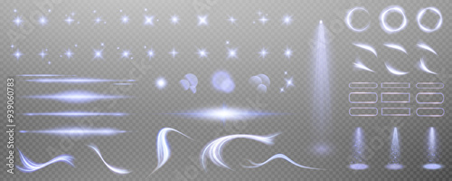 Set of realistic vector blue stars png. Set of vector suns png. Blue flares with highlights. Horizontal light lines, laser, flash.	