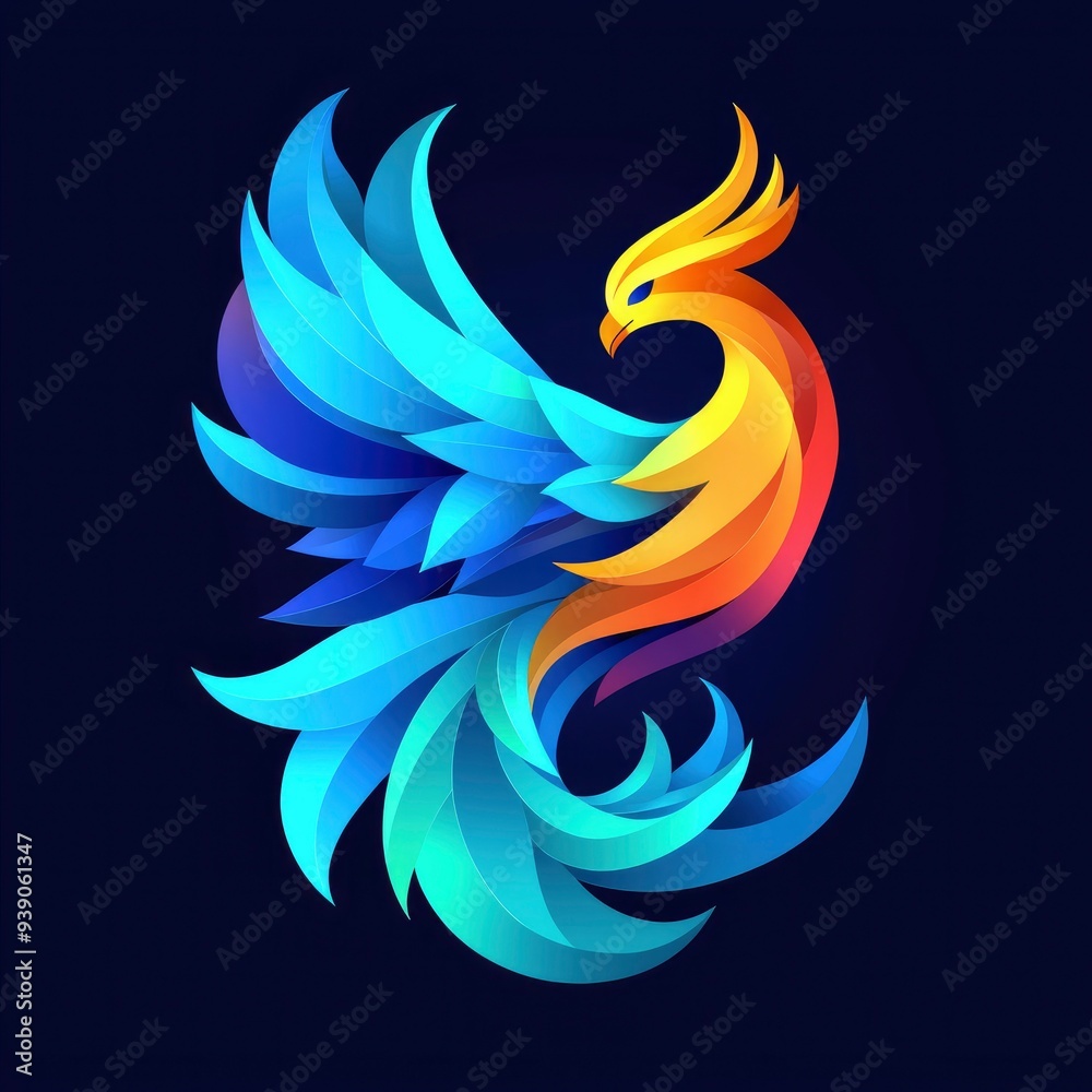 Abstract Phoenix Bird Illustration with Blue and Orange Colors Abstract Phoenix Bird Illustration with Blue and Orange Colors