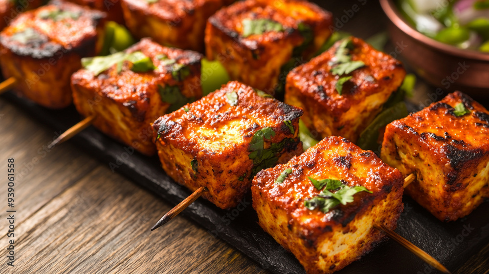 Deliciously grilled paneer skewers with spices and herbs served on a rustic wooden platter Deliciously grilled paneer skewers with spices and herbs served on a rustic wooden platter