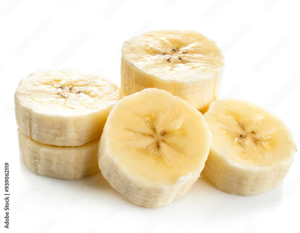 Bananenstücke isoliert auf weißen Hintergrund, Freisteller Bananenstücke isoliert auf weißen Hintergrund, Freisteller