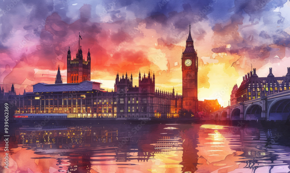 Naklejka premium Watercolor London cityscape with Houses of Parliament and Big Ben tower at sunset, UK