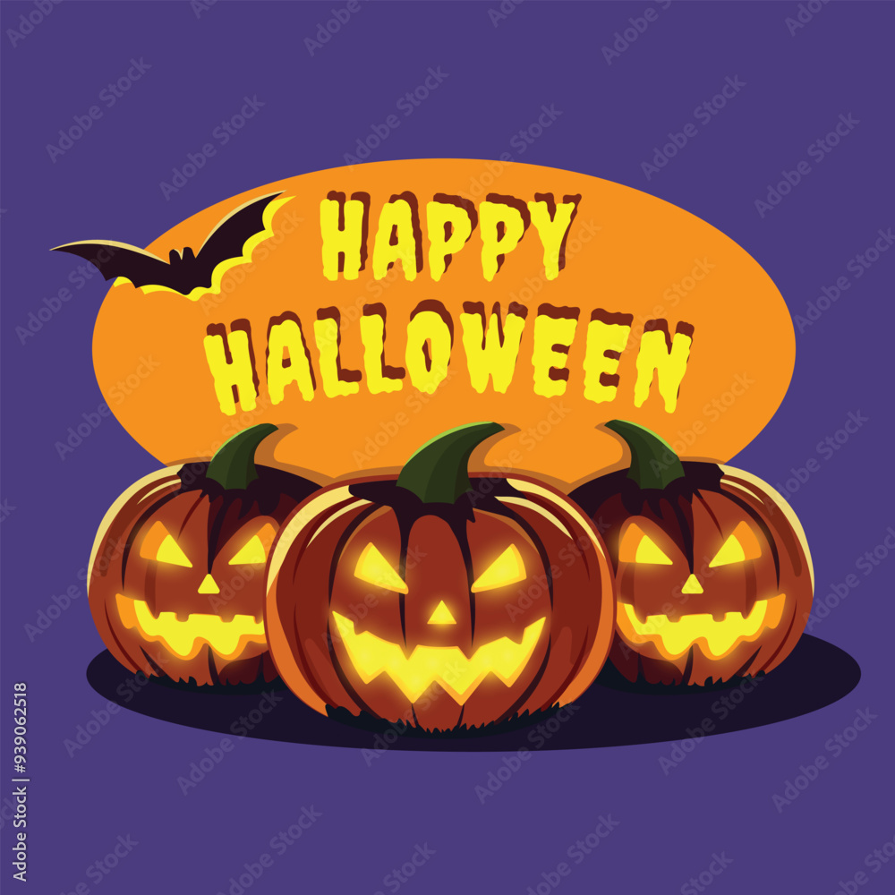 Three scary pumpkins with bat. Happy Halloween concept. Template for party, poster, brochure or greeting card with. Vector illustration Three scary pumpkins with bat. Happy Halloween concept. Template for party, poster, brochure or greeting card with. Vector illustration