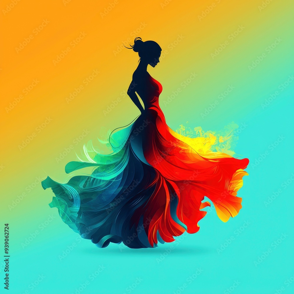 Silhouette of a Woman in a Flowing Dress with Colorful Abstract Design Silhouette of a Woman in a Flowing Dress with Colorful Abstract Design