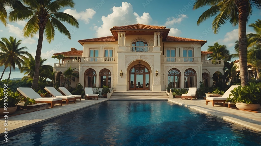 Fototapeta premium Oceanview Opulence: Grand Mansion with Private Pool